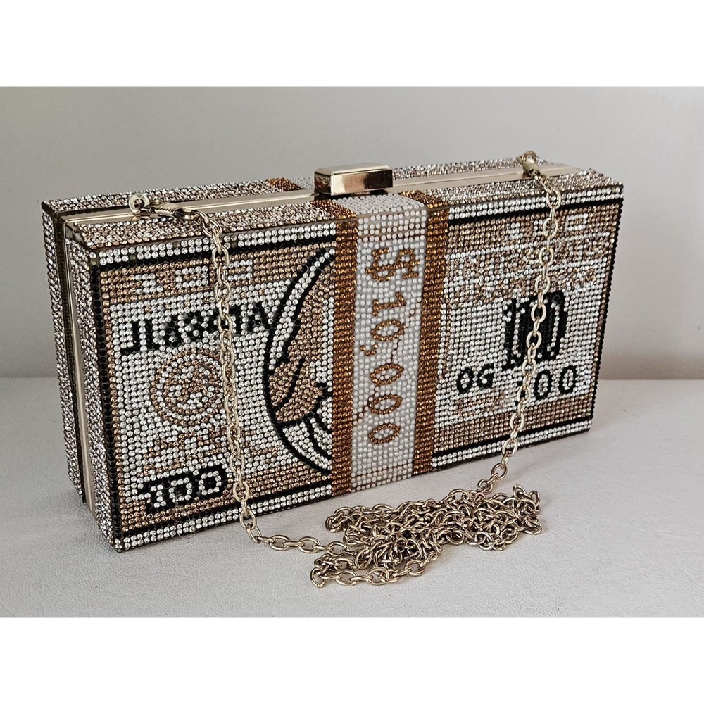 Money Stack Clear & Gold Rhinestone Clutch Bag Evening Purse